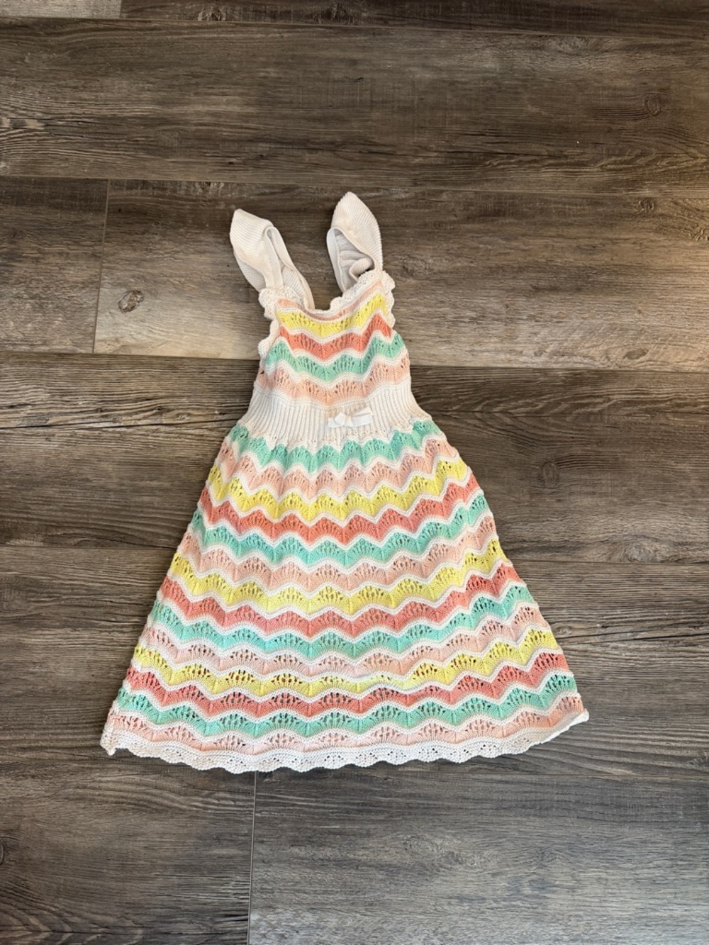 C&C California Girls White Crochet Sundress with Pastel Rainbow Stripes